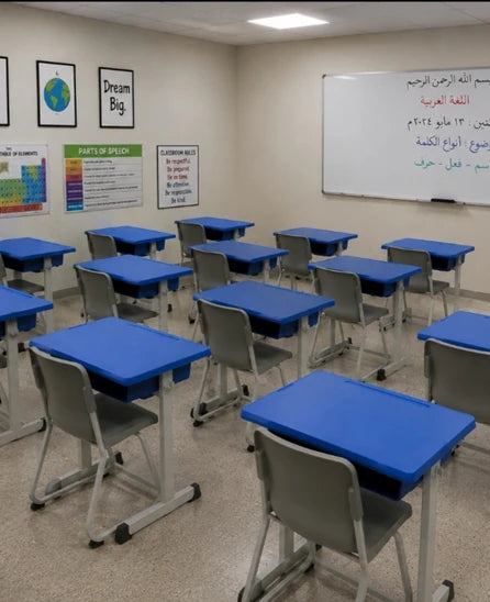 Blue school desks installed at GLS School in Lebanon